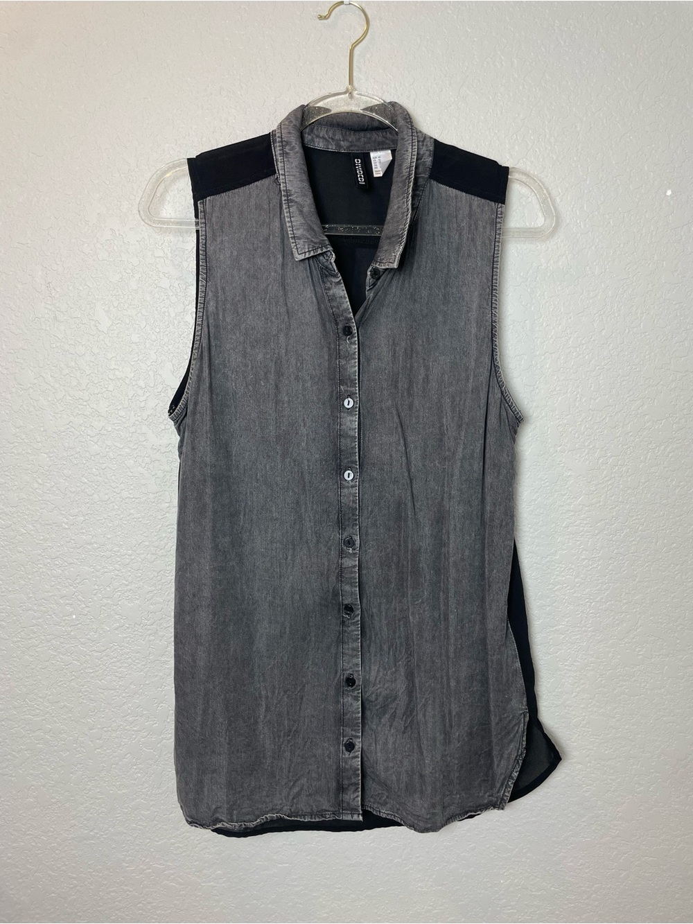 H&M Sleeveless Button-Down w/Acid Wash on Front & Sheer Chiffon on Back